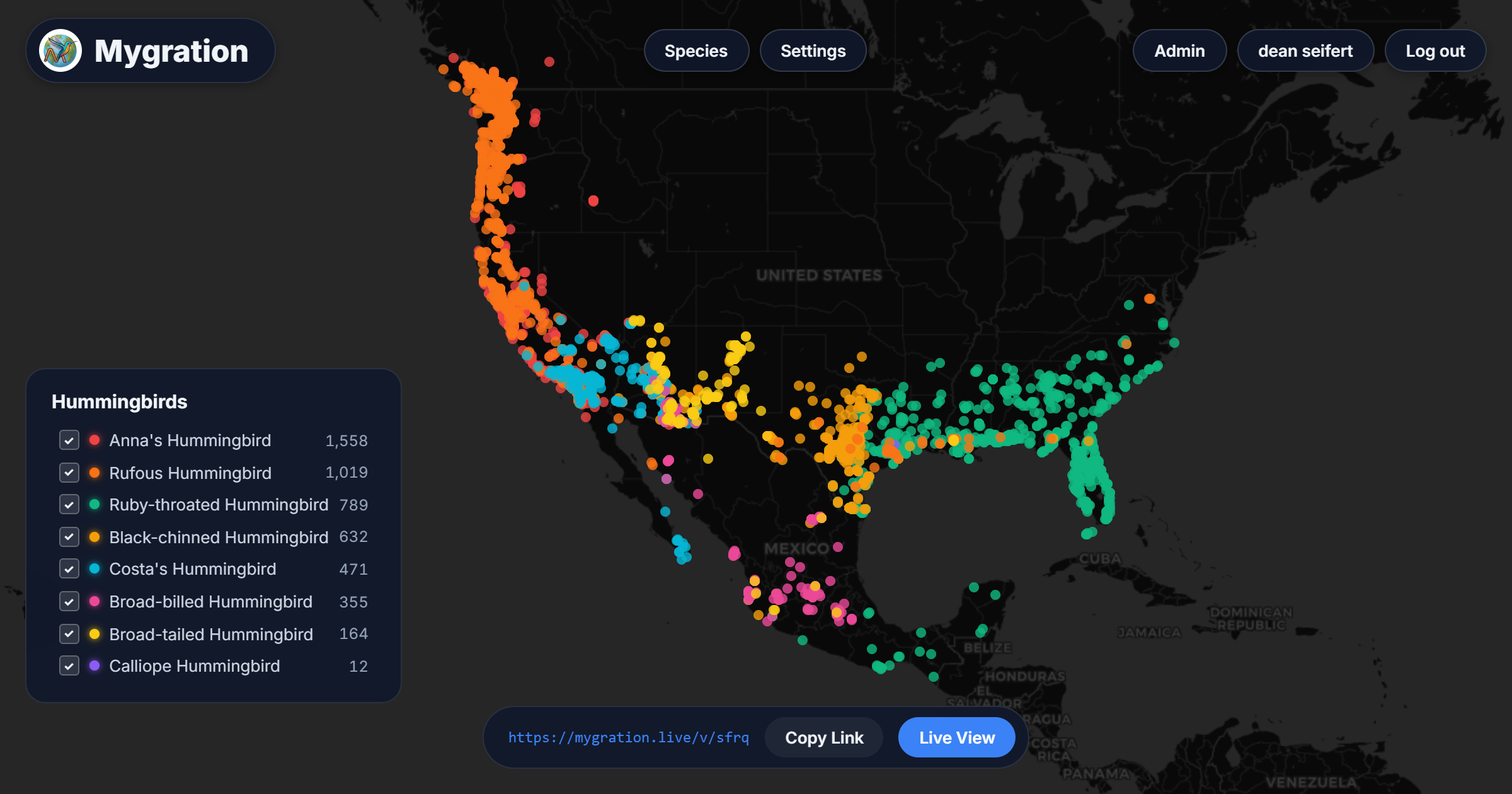 Live Mygration map showing bird sightings across North America